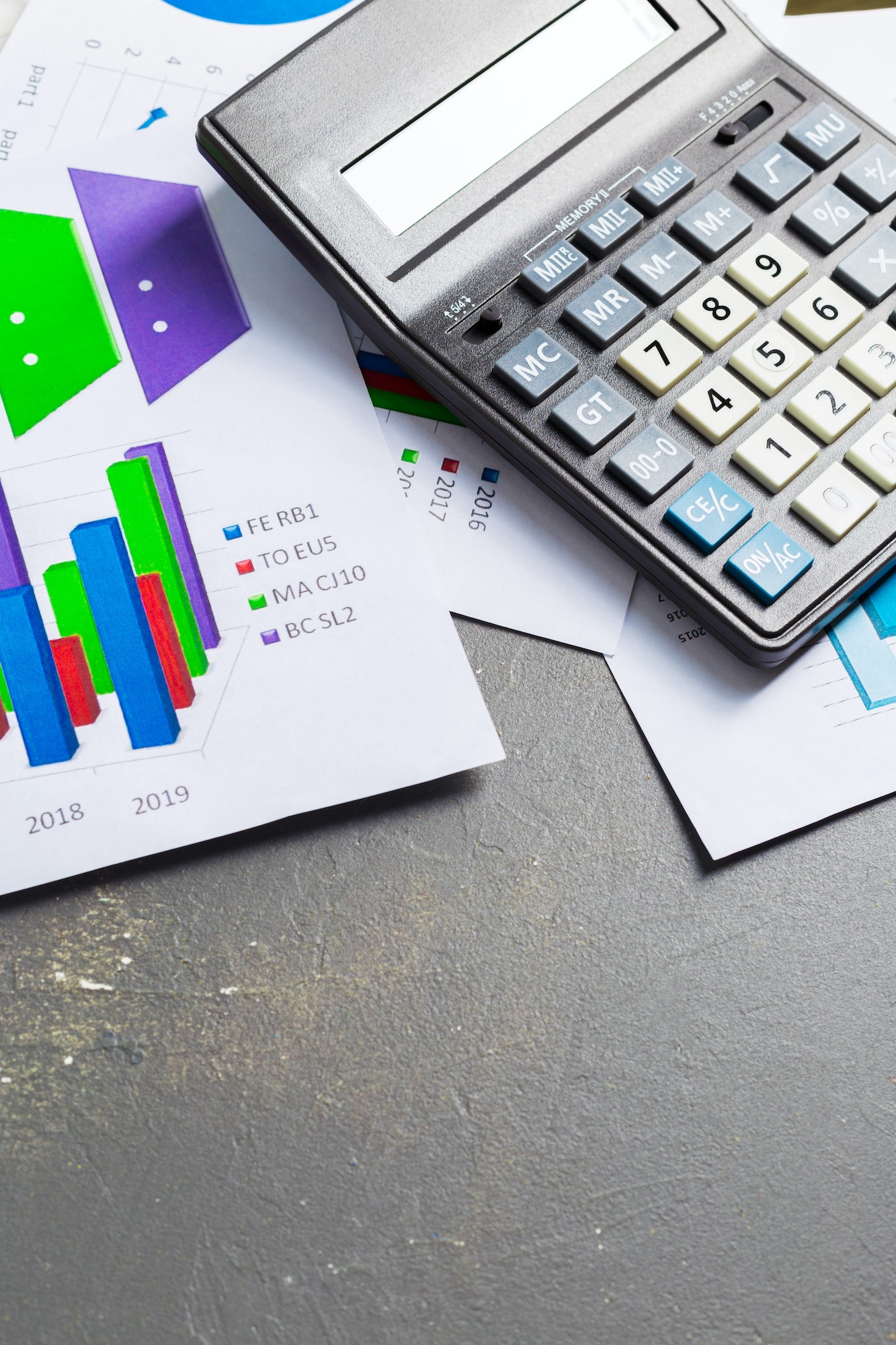 Checking accounting report on business table. Calculator